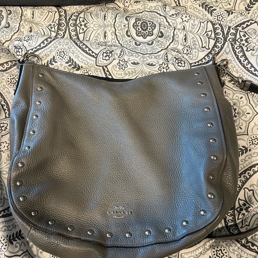 Coach Dark Gray Studded Leather Shoulder Bag